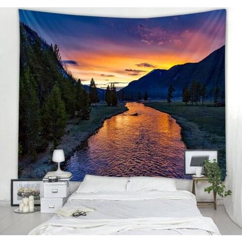 Sunset, Water, Mountains, Woods Blanket Bedroom Wall Hanging Decoration Tapestry Wall Hanging Art