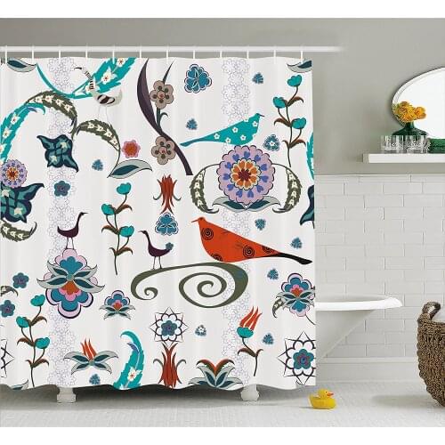 Ethnic Shower Curtain Floral Flowers Swirls Ivy Buds Birds Leaves Ethnic Bohem Inspired Artistic Image Home Decor Bath Curtains