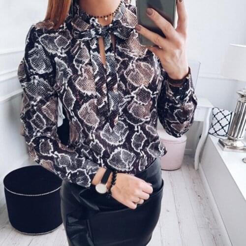 New Women Fashion Tops Female Ladies Serpentine Print Stand Collar Long Sleeve Shirt Blouse Casual Spring Fall Outfits