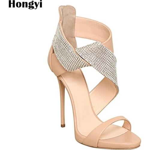 Open Toe Rhinestone Designer Thin High Heel Platform Sandals Crystal Ankle Wrap Diamond Gladiator Women Sandals Beige Size 35-43