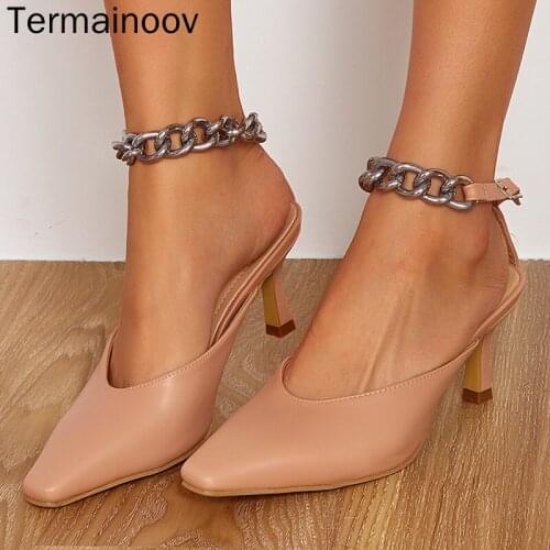 Termainoov Women Pumps High Heels Square Toe Fashion Metal Chain Hollow Stilettos Plus Size 42 Female Sandals