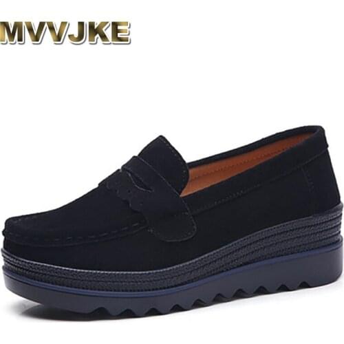 MVVJKEWomen Slip On Flat Shoes Genuine Leather Casual Loafers Nubuck Suede Platform Sneakers Ladies Shallow Wedge Footwear Plus