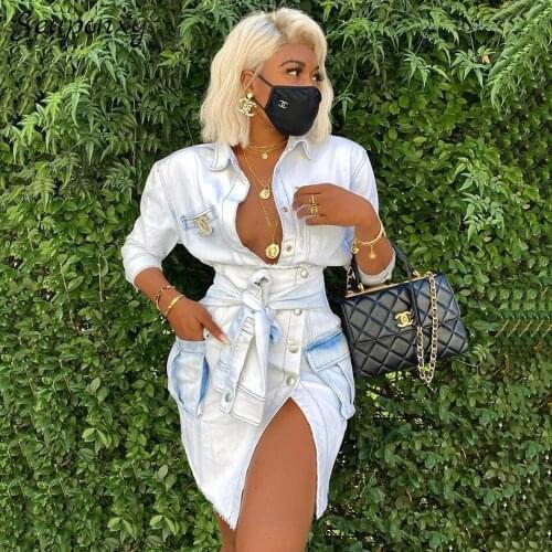High Quality WomenS Denim Pocket 2 Two-Piece Set 2021 Summer Sexy Lapel Single-Breasted Jacket + Lace-Up Skirt Party Set