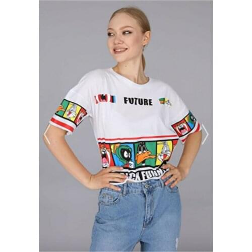 Sundries fashion Women White Line Film Character Crop T-short