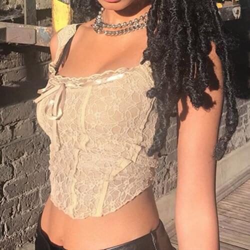 Women Fashion Summer Camisole Y2K Lace Floral Sleeveless Crop Tops E-girls Short Vest 90s Aesthetic Tops