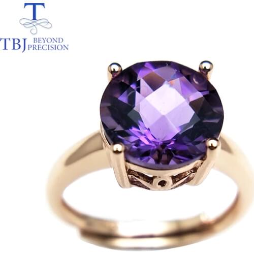 Tbj,natural amethyst and citrine round10mm Checkboard cut gemstone Ring 925 sterling silver jewelry for women daily wear gift