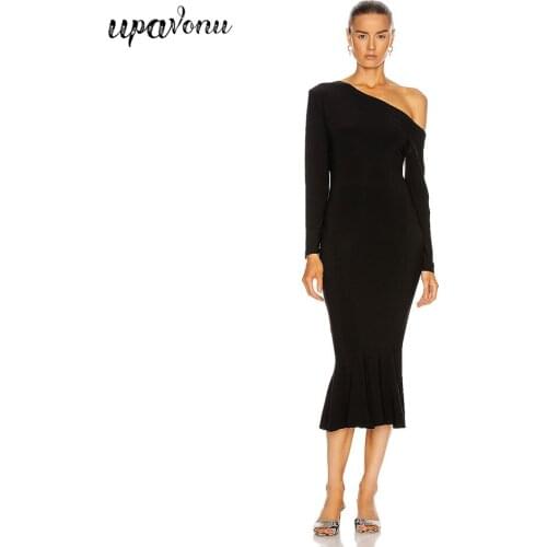 Free Shipping 2021 Summer Women Long Dress Sexy Slanted Collar Off Shoulder Long Sleeve Bodycon Club Evening Party Dress Vestido