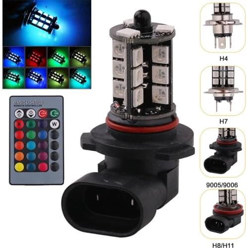 2pcs H4 LED RGB Remote Control Car Headlight H7 H8 H11 DRL Flash Fog Light Bulb 9005 9006 RGB Headlamp Atmosphere Decor Lamp Kit