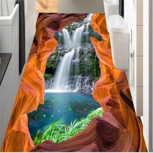 Beibehang Large custom paste cliff valley waterfall lotus carp bathroom kitchen floor thick non-slip stickers papel de parede 3d