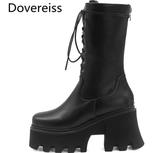 Dovereiss Fashion Womens Shoes New Winter Sexy Cross tied Concise Zipper Waterproof Block heels Matin boots Half boots 35-44