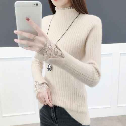 Elastic Sweaters Lace Stitching Long-Sleeve Female Pullovers Half Turtleneck 2021 Autumn Women Knit Jumper Casual Base Knitwear