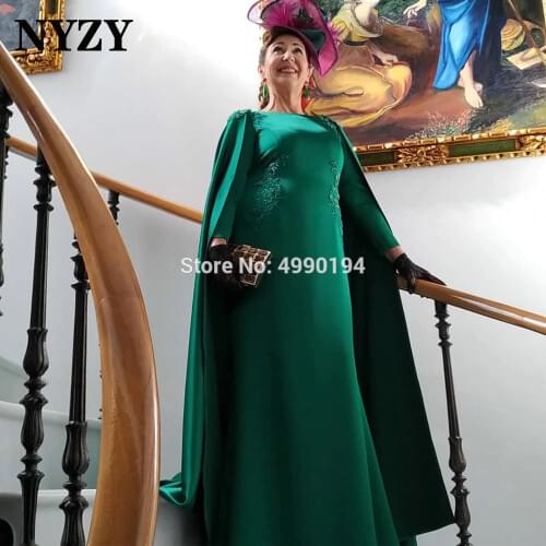 NYZY M337 Elegant Cloak Sleeves Wedding Party Dress Guest Wear Formal Dress Hunger Green Satin Mother of the Bride Dresses Long