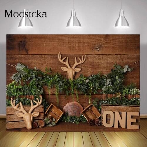 Wild One Birthday Cake Smash Backdrop Brown Wood Jungle Elk Photocall Newborn 1st Birthday Portrait Background Green Leaves