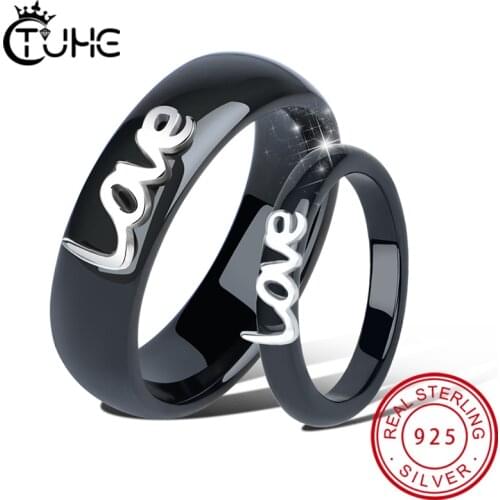 100% Real S925 Sterling Silver Letter Love Rings for Lover Never Fade Healthy Ceramic Rings for Female Finger Rings Jewelry