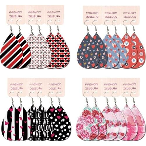 3 Pcs Valentines Day Leather Water Drop Earrings Print New Red Plaid Love Heart Earrings Set Fashion Jewelry Gifts Wholesale