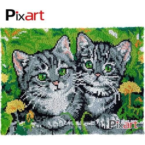 Latch Hook Rug Two Grey Kittens Crocheting Tapestry Kits DIY Carpet Rug Chunky Yarn Needlework Knitted Floor Mat Hobby & Crafts