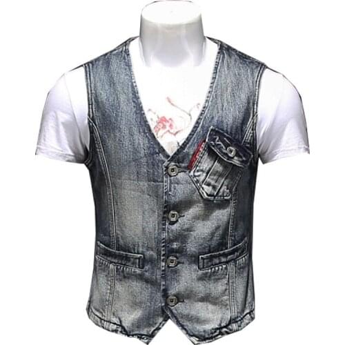 Fashion youth slim waistcoat men Denim Jacket Spring Autumn Clothes Sleeveless Short Jeans Waistcoats Single-breasted Plus size
