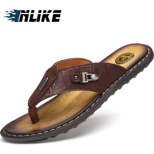 New Arrival Summer Men Genuine Leather Flip Flops High Quality Beach Sandals Non-slip