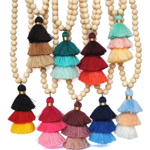 Yumfeel Tassel Necklace Festival Natural Ivory White Wood Beaded Necklace 3 Layered Cotton Tassels Long Necklace Boho Yoga