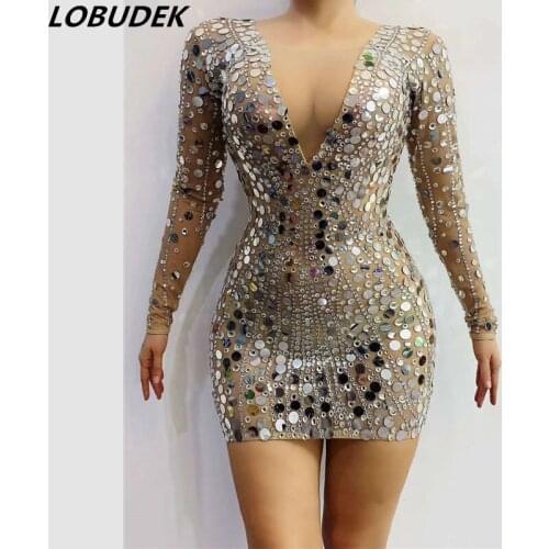 Sexy V-neck Sparkly Rhinestones Sequins Dress Women Birthday Party Celebration Transparent Mesh Mini Dress Bar Singer Stage Wear