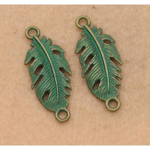 10pcs Vintage Green Feather Charm Connector for Bracelet Jewelry Making DIY Accessories 35x14mm