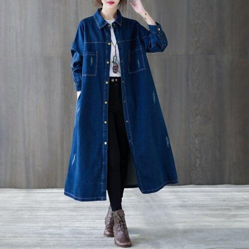 Big Size Loose Single Breasted Denim Trench Coat Women Vintage Solid Color Long Windbreaker Female Streetwear Outerwear