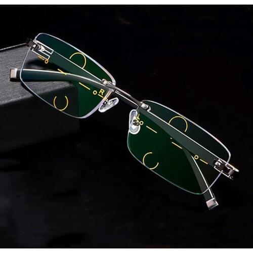 Ultralight Progressive Multifocal Reading Glasses Mens Distance And Near Dual-Use Smart Zoom Anti-Blue Rimless Glasses 58038