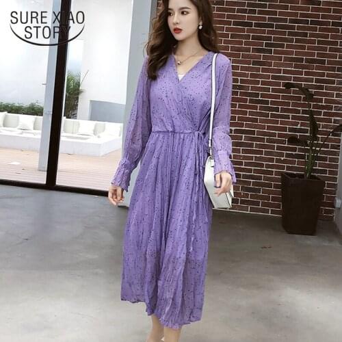 Vintage Dot Print Pleated Midi Long Sleeve Women Dress 2020 New Hong Kong Style V-neck Fashion Womens Clothing Dresses 8558 50