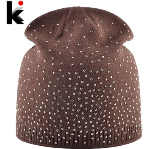 Knitted Winter Beanies Women Shinning Rhinestone Hats Autumn Knitting Skullies Beanies Ladies Soft Warm Bonnet Caps Female Gorro
