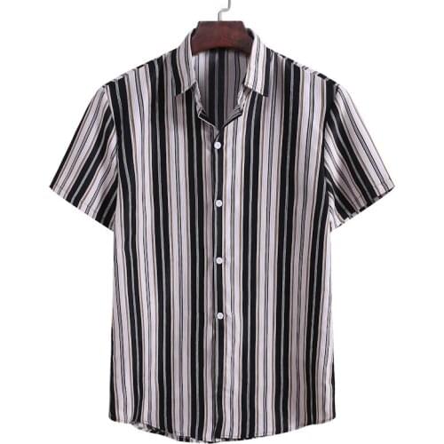 High quality Plus Size Men Summer Casual Button Down Vertical Striped White Short Sleeve Shirt