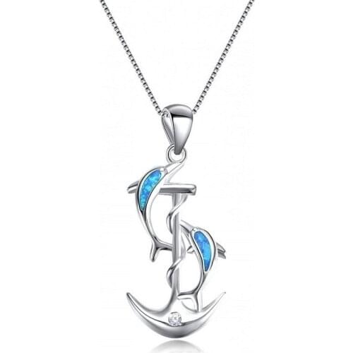 Fashion Women Pendant Cute Dolphin Anchor Fire Opal Necklace Charms Crystal Wedding Classic Jewelry Accessories