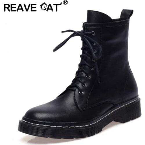 REAVE CAT Winter Couple Women Ankle Boots Flat Lace Up Work Boots Genuine Leather Bootie Ma Autumn Botas Mujer Female Comfort 43