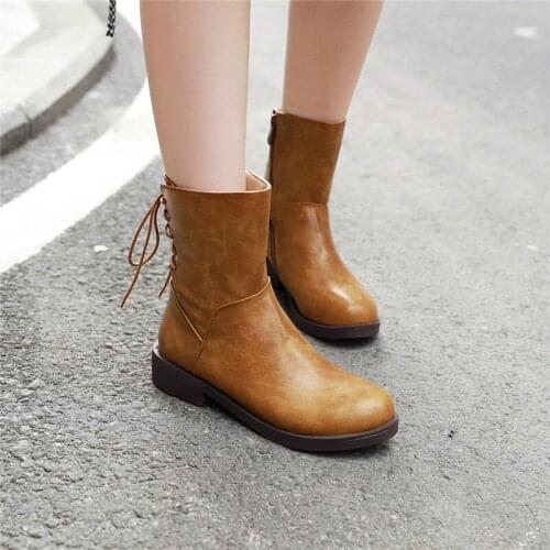 YMECHIC 2019 Fashion Retro Cross Tied Autumn Winter Woman Shoes Black Yellow Ankle Cowgirl Boots Low Heels Shoes Female Bootie