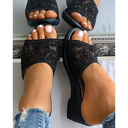 Women Slippers Rhinestone Mesh Mid-Heel Wedge with Breathable Sandals Platform Ladies Sandals 2021New Fashion Female Shoes