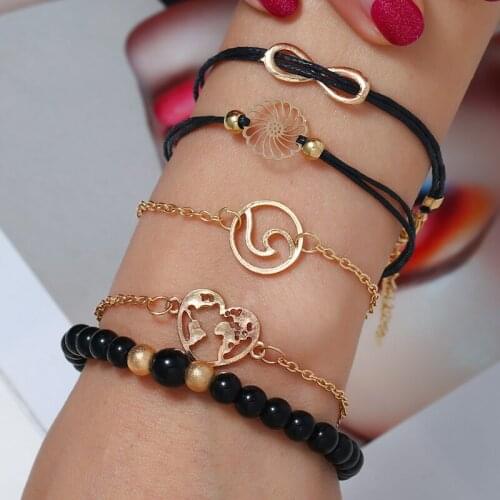 2019 New Trendy Gold Heart Flower Map Bangle 5pcs For Women Open Elegant Leather Bracelets Set Gift Wholesale Female Jewelry
