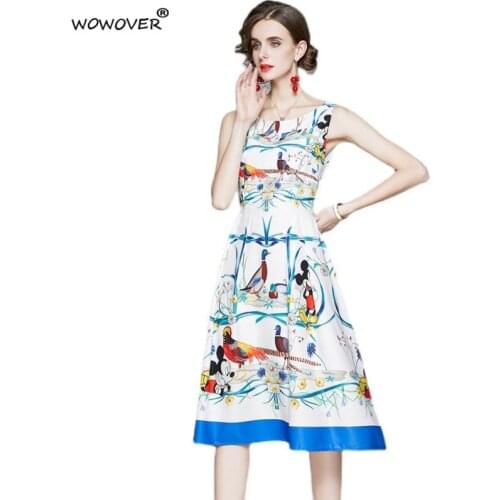 New 2021 Summer Cartoon Print Midi Tank Dress Women Sleeveless Casual Aline Robe Holiday Beach Vestidos