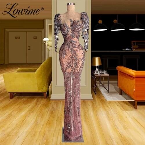Lowime Crystals Tassel Beading Muslim Party Gowns 2021 Mermaid Middle East Women Evening Dress Dubai Arabic Formal Prom Dresses