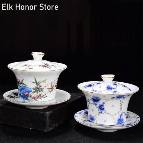 145ml White Pottery Gaiwan Master Cups Blue And White Porcelain Kung Fu Tea Teaware Porcelain High Quality Chinese Tea Service
