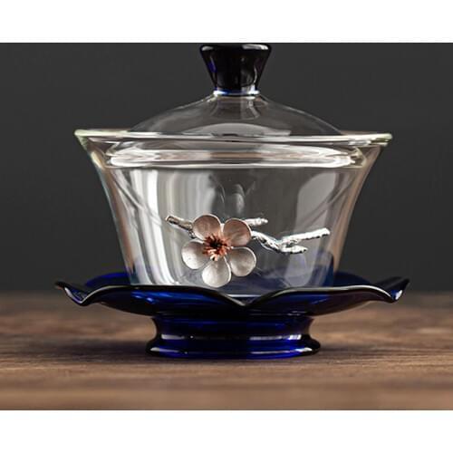 150ml Tea Bowl Silver Flower Decor Glass Tea Tureen Creative Gaiwan China Kung Fu Teaware Master Cup Teacup Handmade Crafts Gift