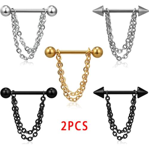 2Pcs/Set Stainless Steel Link Pierced Nipple Breast Rings Nail Barbell Chain Pendant Body Piercings Jewelry 5 Styles