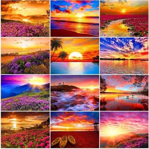 5D DIY Diamond Painting Sunset Landscape Full Square Diamond Embroidery Picture Flowers Rhinestone Mosaic Home Decoration
