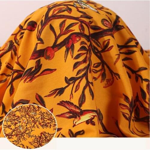 HLQON yellow bird print chiffon satin fabrics For fashion wedding dress,curtains dolls Bedding Textile,upholstery fabric by yard
