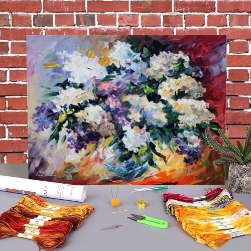 Oil Painting Style Lilac Printed Fabric 11CT Cross Stitch Patterns Embroidery DMC Threads Handmade Knitting Sewing Jewelry
