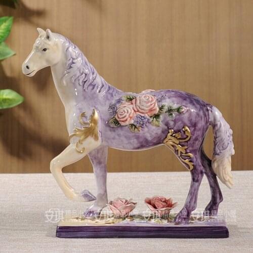 CERAMIC PURPLE ROSE HORSE STATUE HOME DECORATION ACCESSORIES CRAFTS ROOM DECORATION ORNAMENT GARDEN PORCELAIN ANIMAL SCULPTURE