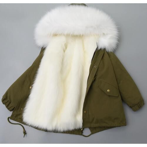Kids Autumn Winter Faux Fur Jacket Boys Girls Thickening Fur Collar Hooded Coats Child Plus Velvet Fashion Parkas Outwear