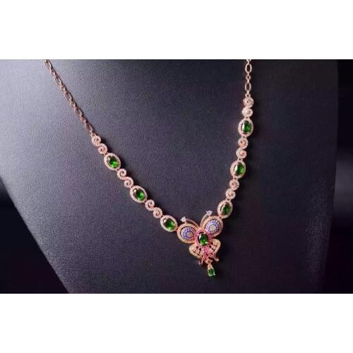 Natural green diopside Necklace Natural Gemstone Pendant Necklace S925 sliver women Luxury butterfly Flowers party fine Jewelry