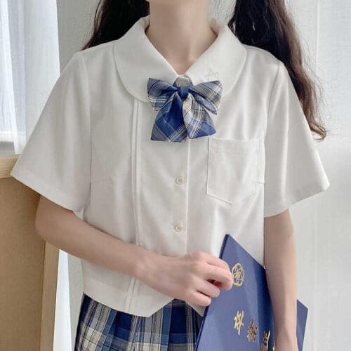 New 2021 Women Summer Blouses Shirt With Bow/Tie Solid Short Sleeve Turndown Collar White Tops JK Fashion Kawaii Female Clothing