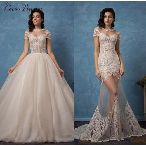 New Style Two in One Wedding Dress Detachable Tail Lace Appliques Illusion Sexy Elegant Mermaid Weddding Gown W0077