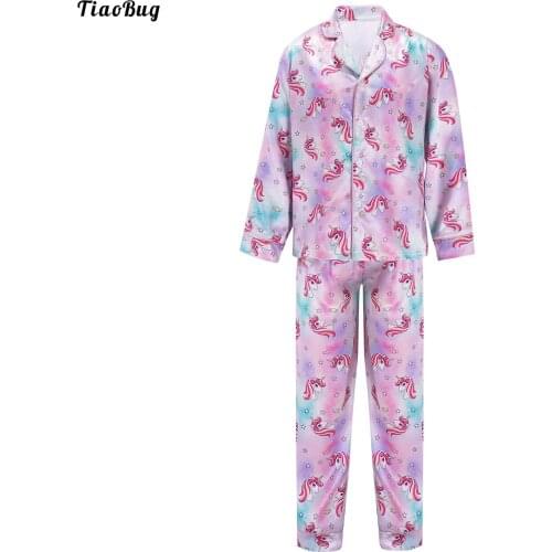 Autumn Kids Girls 2Pcs Pajamas Set Lapel Collar Long Sleeves Front Buttons Cartoon Horse Print Shirt Tops And Pants Sleepwear