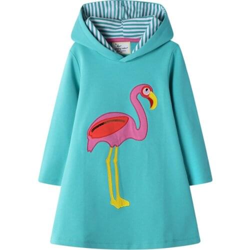 Jumping Meters Applique Flamingo Princess Hoody Dresses Long Sleeve 100% Cotton Children Clothing Autumn Winter School Dresses